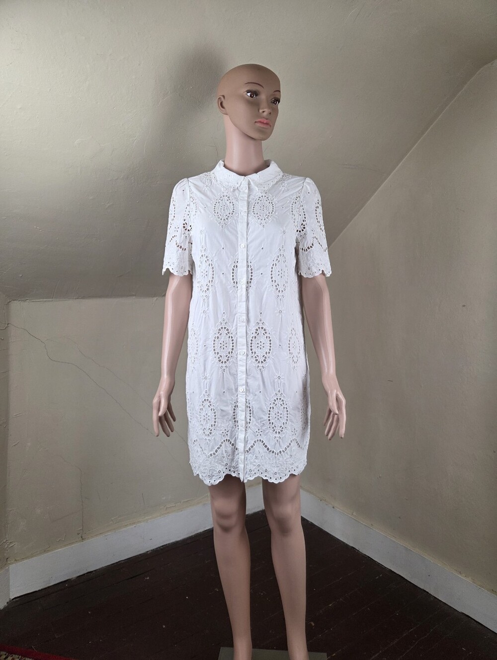 Sézane Elvina Eyelet Embroidered Shirt Dress White EU 42 Runs Small